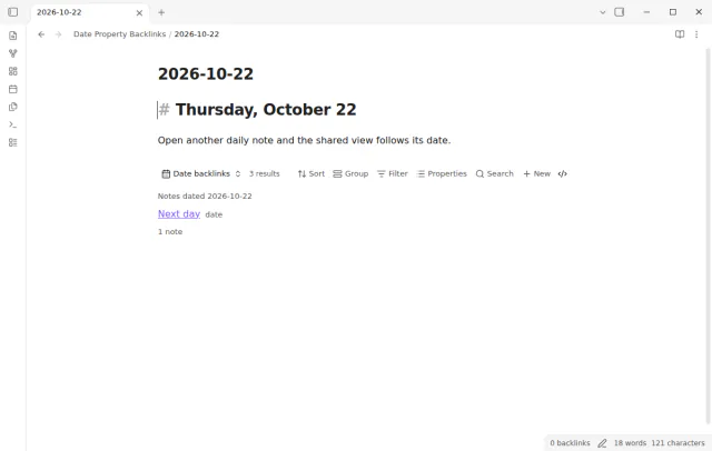 The same Bases view shows the notes for the date of a second daily note.