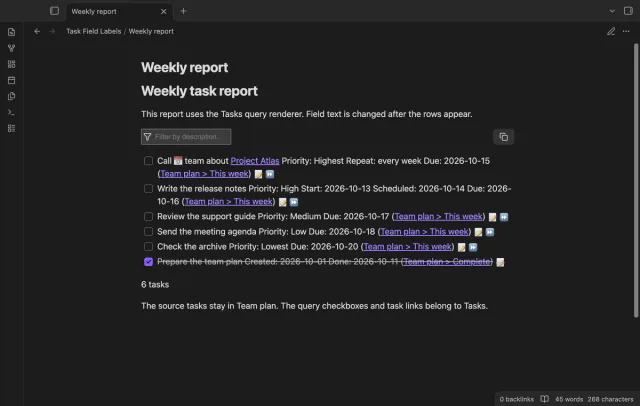 A Tasks query report shows English labels beside its task fields.