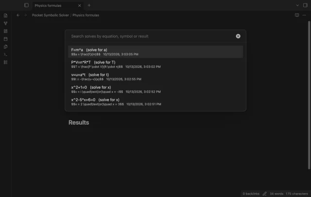 The history search with five earlier solves, newest first.