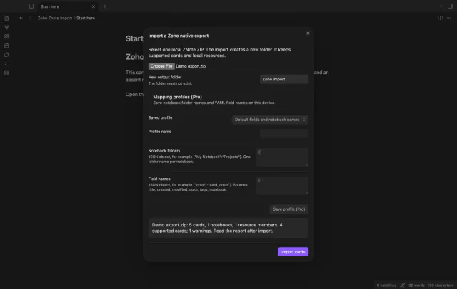The import dialog shows a selected ZIP and its card counts.