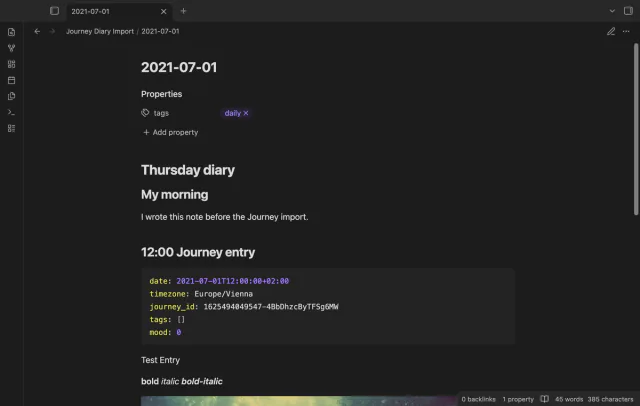 A Journey entry appears below existing daily note text.