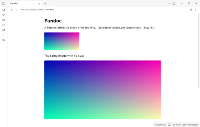 Reading view shows an image sized by a Pandoc width of 30 percent with the block hidden.