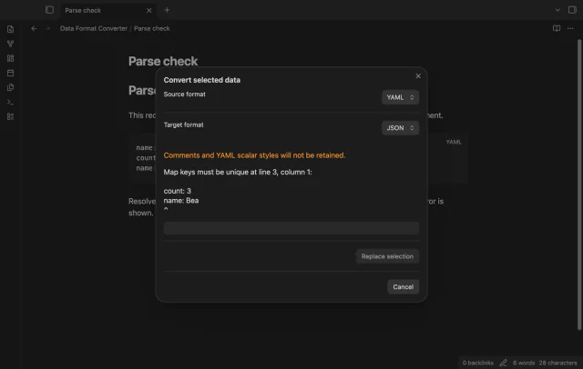 A duplicate YAML key appears with its source location.