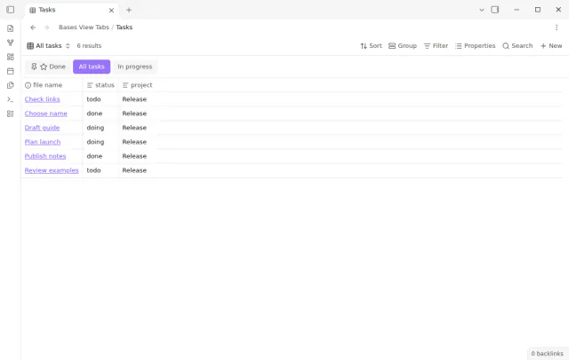 The pinned Done view has a star icon and sits before the other task views.