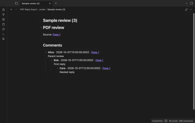 A new Markdown review note contains nested replies and source page links.
