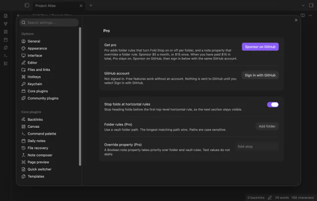 The Fold Stop settings show the enabled vault toggle and disabled Pro controls.