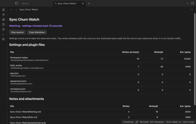 A sample watch session separates settings files from notes and attachments.