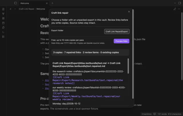 Three exported pages with proposed local wikilinks and original labels.