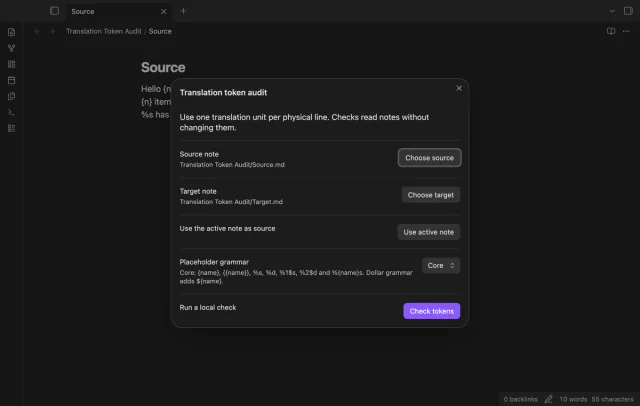 The check dialog shows source and target paths with the core grammar selected.