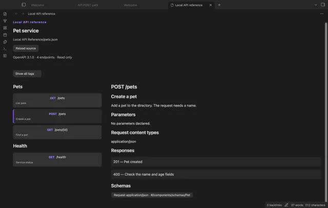 A POST pets endpoint with content types, response codes and a schema button.