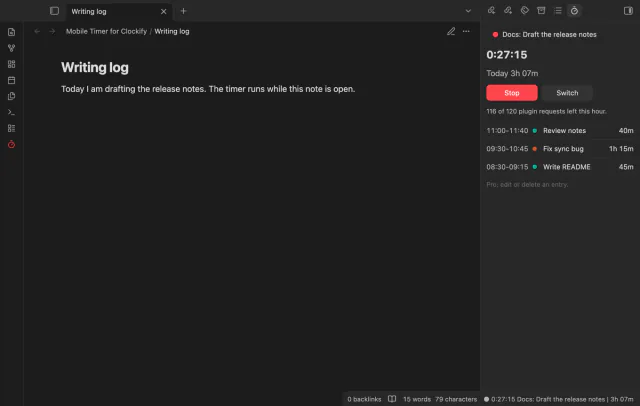 A note beside a running Clockify timer, daily total and finished entries.