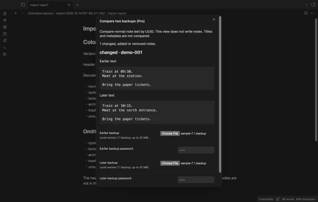 The comparison displays earlier and later text for a changed UUID.