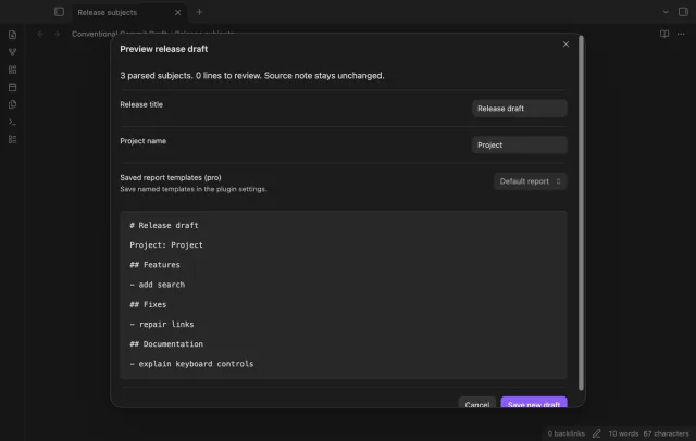 The preview groups selected subjects under Features, Fixes and Documentation.