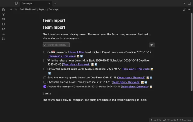A report in a matching folder uses the Team display preset.