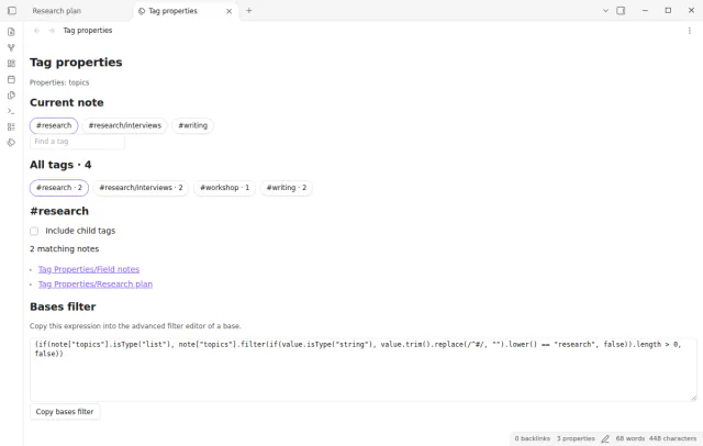 The custom tag view shows topic tags with note counts and the notes that use the research tag.