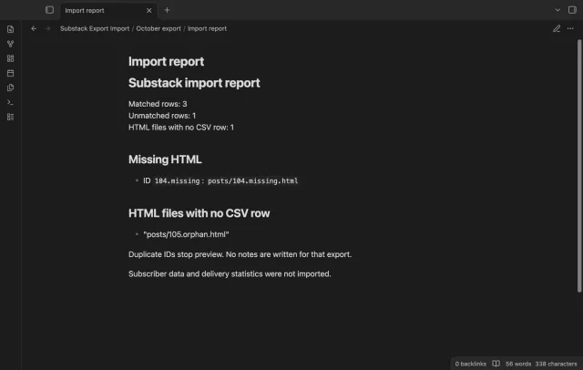 The report identifies missing bodies and HTML paths without CSV records.