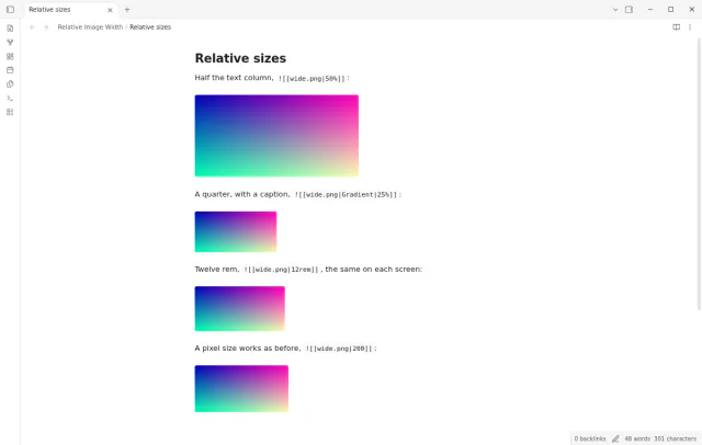 Live Preview shows three images at 50 percent, 25 percent and 12 rem of the text column.