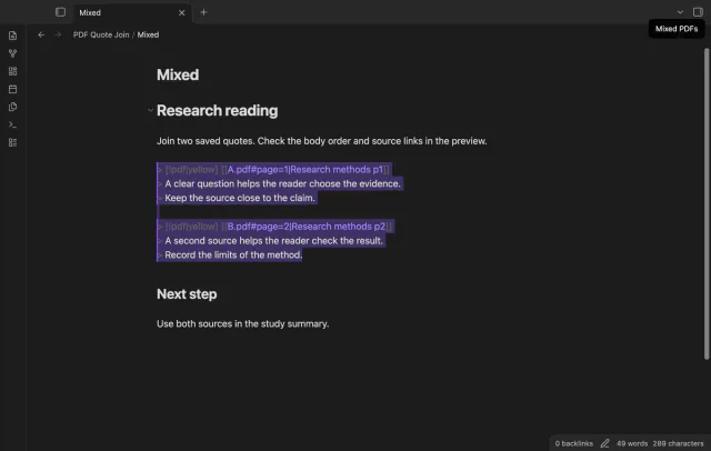 Quotes from different PDF files produce a Mixed PDFs notice.