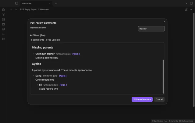 The preview separates missing parent and cycle groups while retaining comment text.