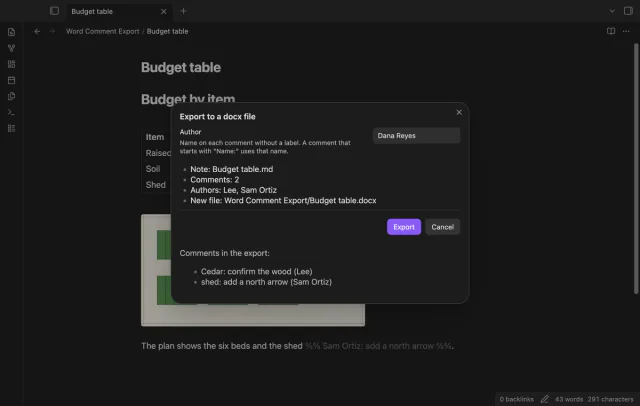The preview of a budget note with a table and a garden plan image, two comments by Lee and Sam Ortiz.