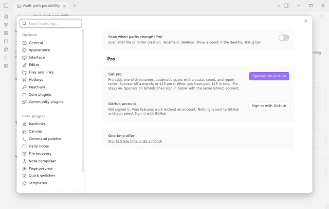 The settings show the optional automatic scan control and the GitHub Sponsors section.