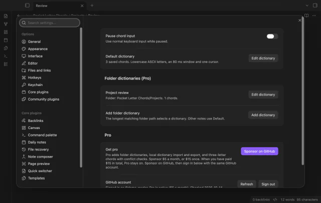The settings list a project folder dictionary beside its edit control.