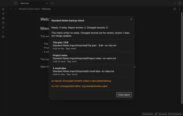 The backup check shows work and travel tags beside three planned note paths.