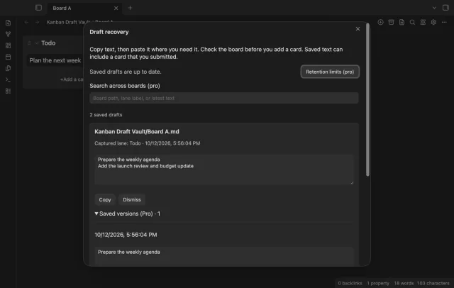 An expanded draft shows an earlier saved version with its own copy control.