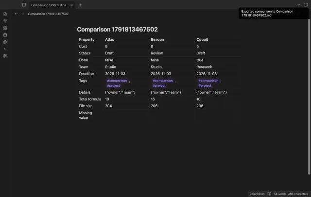 A new comparison note displays the exported values in a Markdown table.