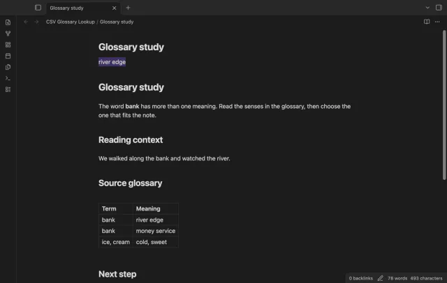 The selected bank text has been replaced with river edge in a study note.