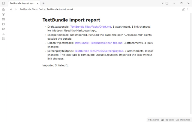 The TextBundle import report note with one line for each pack in the folder, and one refused pack.