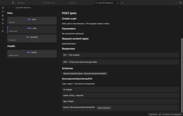 The Pet schema panel shows one level of properties and an Open reference button for its parent property.