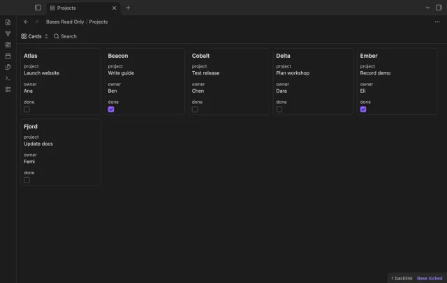 Six project cards in a locked base with its view-switch menu visible.