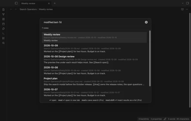 Search results with paths, dates and text for the query modified:last-7d.