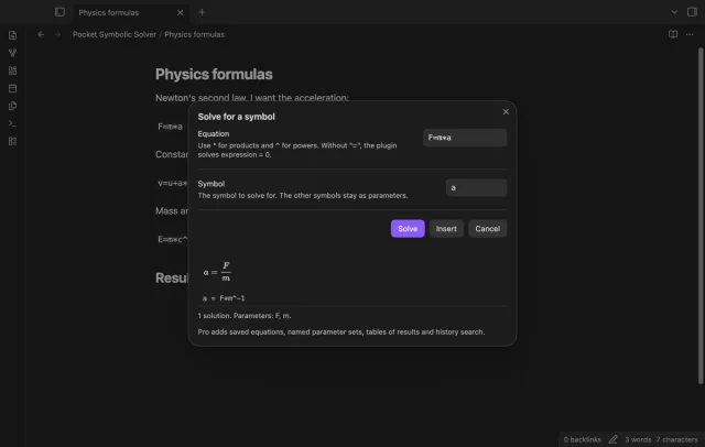The solve modal with F=m*a solved for a, showing a = F over m as rendered math.