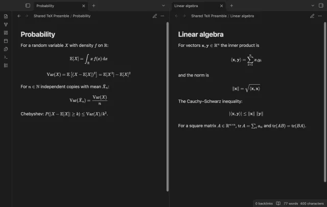 Two notes show probability and linear algebra formulas using shared macros.