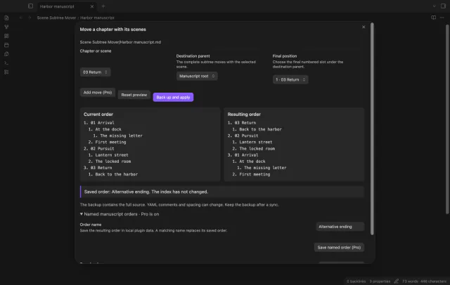 A named Alternative ending order appears in the manuscript order controls.