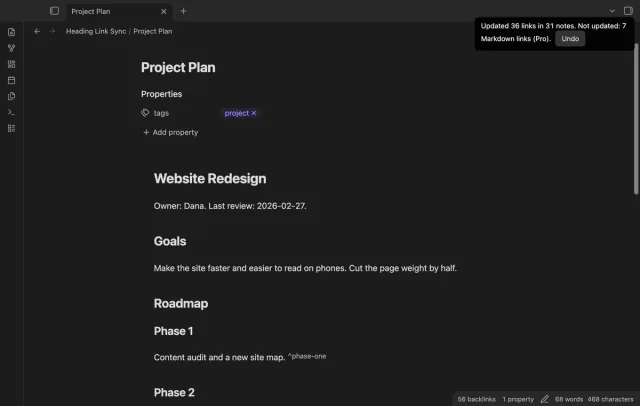 A renamed Roadmap heading with an update notice and an Undo button.