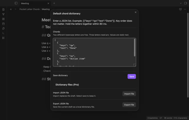 The dictionary dialog provides local JSON import and export controls.