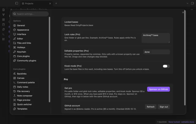 Plugin options show the Archive rule and the GitHub Sponsors status with a local sponsor reply.