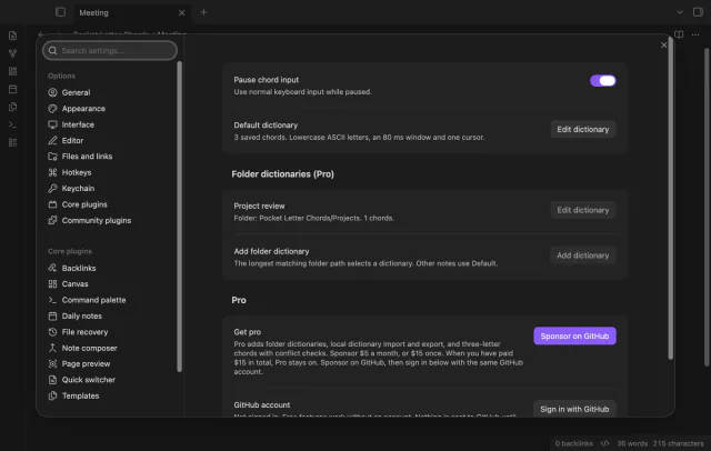 The settings show chord input paused and a saved default dictionary.