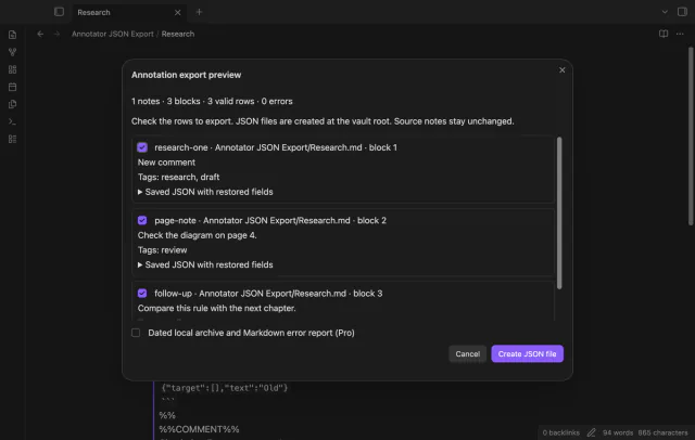 An annotation export preview shows three checked rows from a research note.