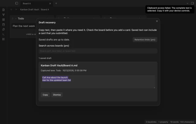 The complete draft text is selected after clipboard access fails.