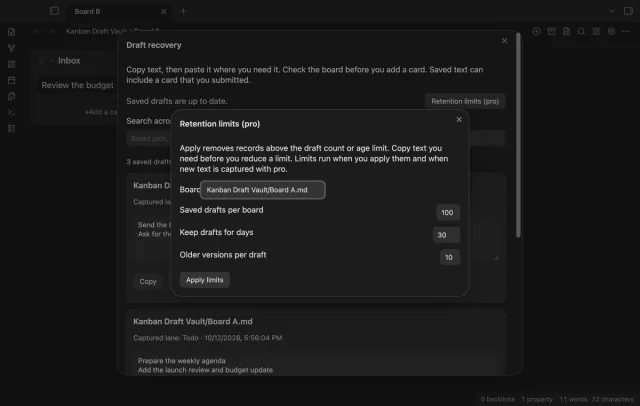 Board retention controls show limits for saved drafts, age and earlier versions.