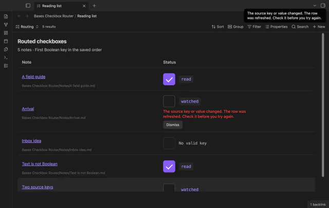 A changed source stops a write and shows a refresh message.