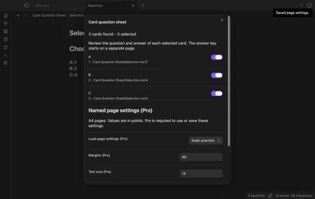 A named preset sets margins, text size and answer space.