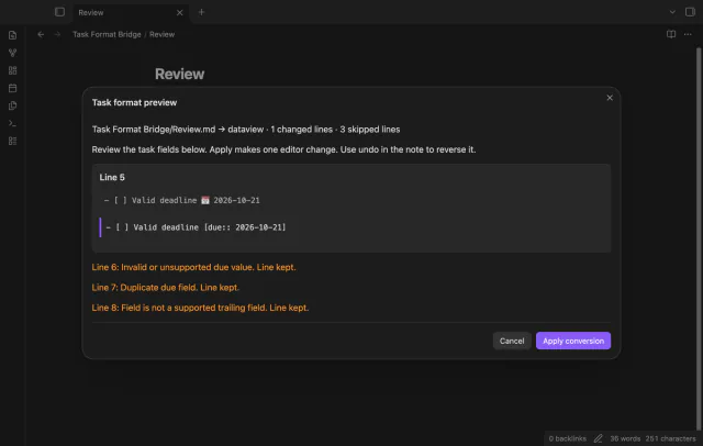 The preview lists one convertible task and warnings for invalid, duplicate and unsupported fields.