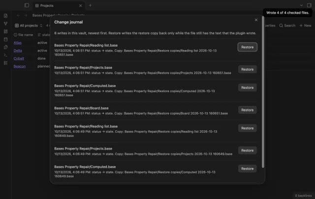 The change journal with a Restore button for each written file.
