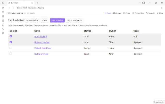 A project review table in the Multi-row edit view has two selected rows.