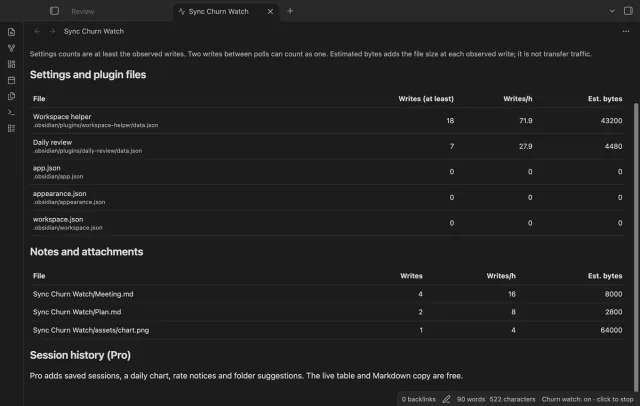 Sample note and attachment rows show write counts and estimated bytes.